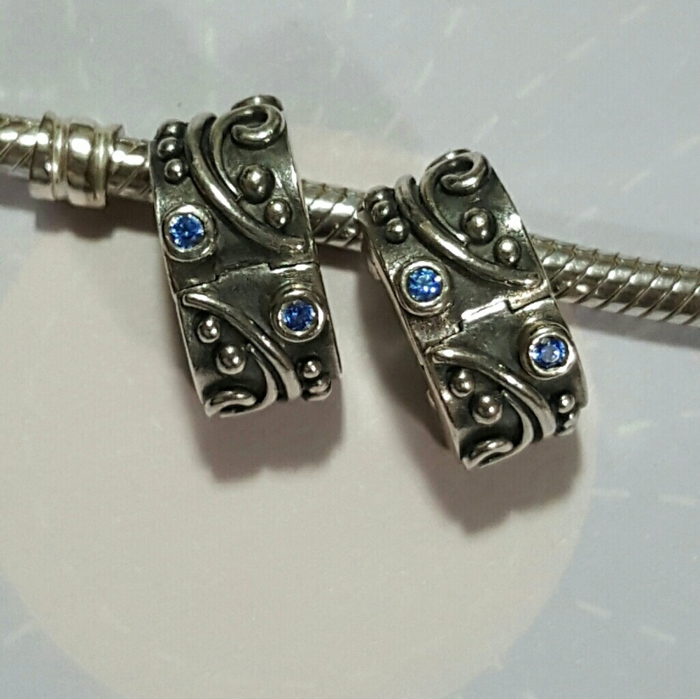 Authentic Pandora tendril clips blue CZ